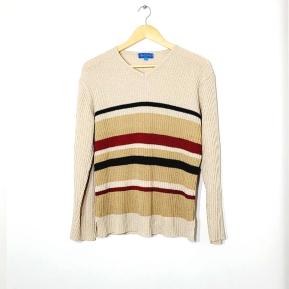 Vintage Crewneck Cream Red Black Striped Y2K Knitted Long Sleeve Retro Sz XL 90s - Picture 1 of 11